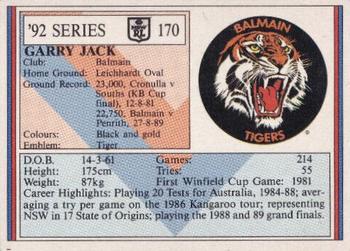 1992 Regina NSW Rugby League #170 Garry Jack Back